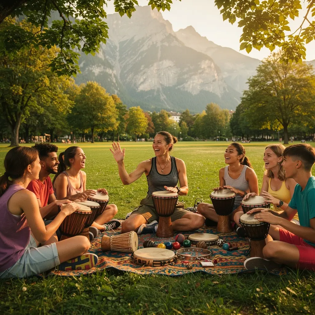 Ein Musiker sitzt an einem Schlagzeug und übt verschiedene Rhythmen mit Begeisterung.