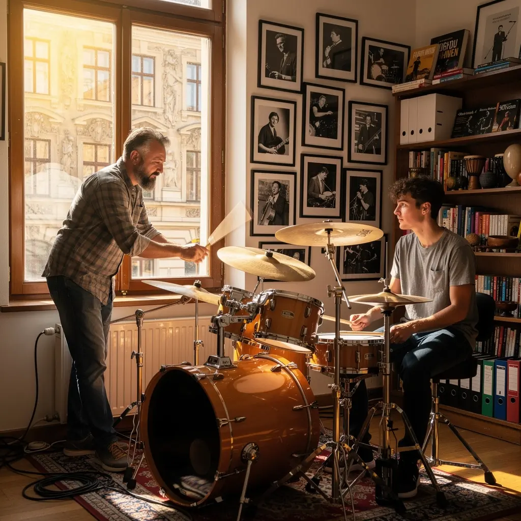 Eine Gruppe von Schülern verfolgt aufmerksam einen Online-Drumkurs auf ihren Laptops und Notizblöcken.