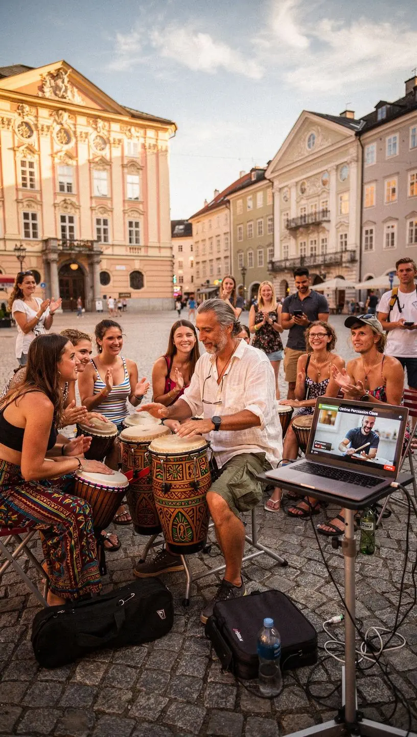 Eine Gruppe von Musikern genießt eine gemeinsame Schlagzeug-Session.