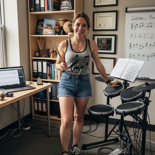 Verschiedene Schlaginstrumente sind auf einem Tisch angeordnet.